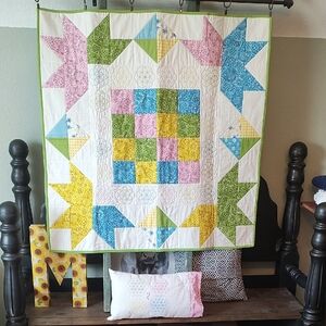 Handmade Patchwork Baby Quilt Multi Color Approx 40x40, Pillow 17.25x9.25in